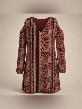 INTU Large Burgundy Print Long Sleeve Polyester Boho Style Tunic Casual Career